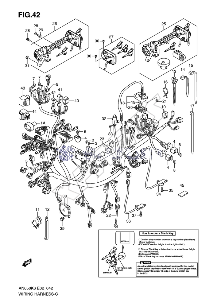 Billede til varegruppe WIRING HARNESS (AN650AK6/ AK7/ AK8 E2/ E19/ E51)REFER TO FIG.43B(G- 4) FO R AN650AK9/ AL0 E2/ E19/ P37