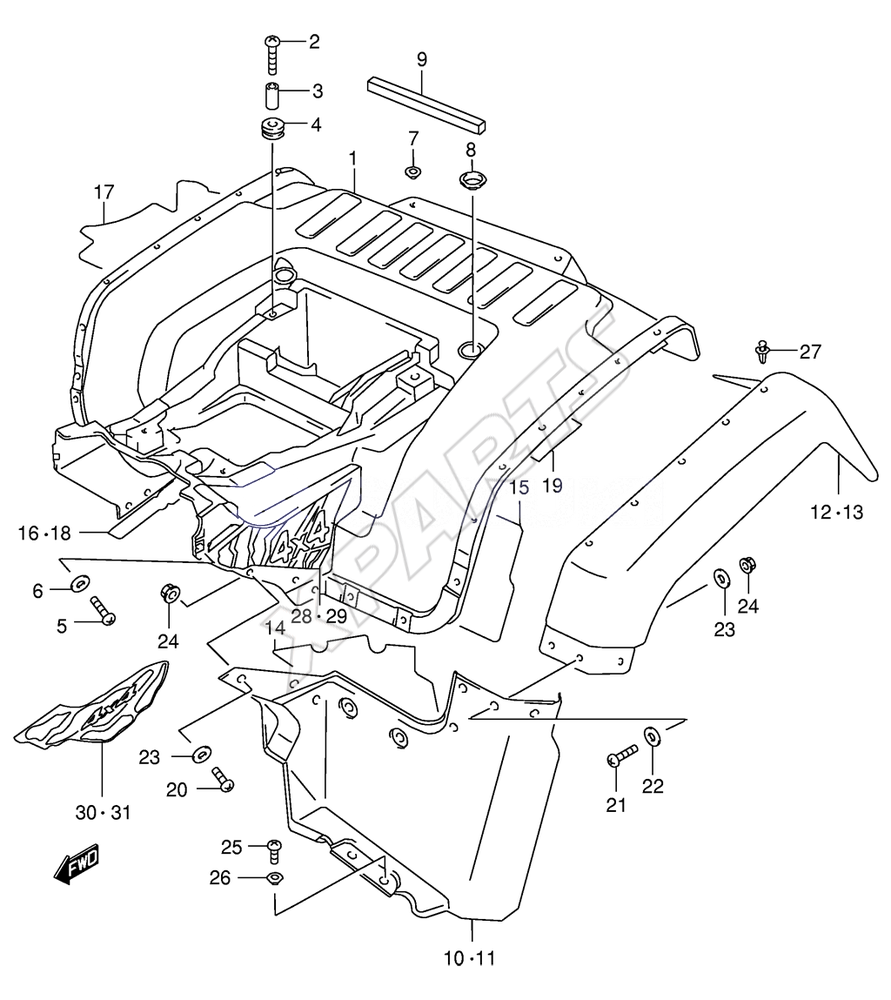Billede til varegruppe REAR FENDER (MODEL X/ Y)REFER TO FIG.44B(I-6) FOR  MODEL K1/ K2