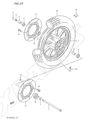 Billede til varegruppe FRONT WHEEL GV1400GDG/ GTG F.NO.103765-/ GCG/ MODEL H/ J