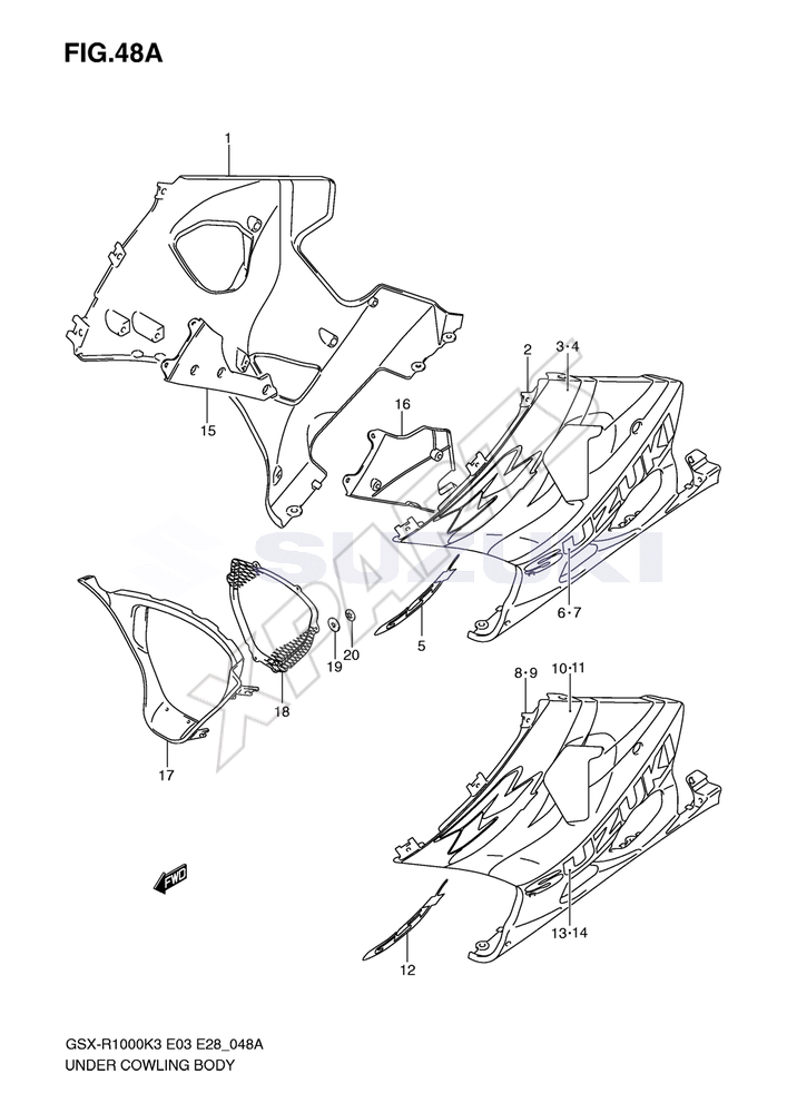 Billede til varegruppe UNDER COWLING (GSX-R1000K4)COLOR : LR5=YBD(WHITE),YB A(BLUE)