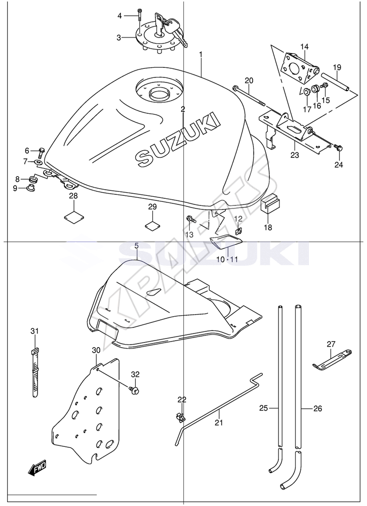 Billede til varegruppe FUEL TANK (MODEL K2)COLOR : YZX=YD8(SILVER),1 LF(BLUE)