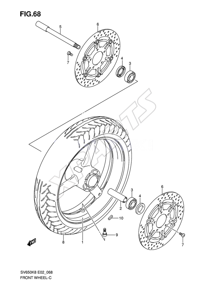 Billede til varegruppe FRONT WHEEL (SV650K8/ UK8/ SK8/ SUK8/ K9/ UK9/ SK9/ SUK9/ SL0/ SUL0)SUAK8/ SAL0/ SUAL0